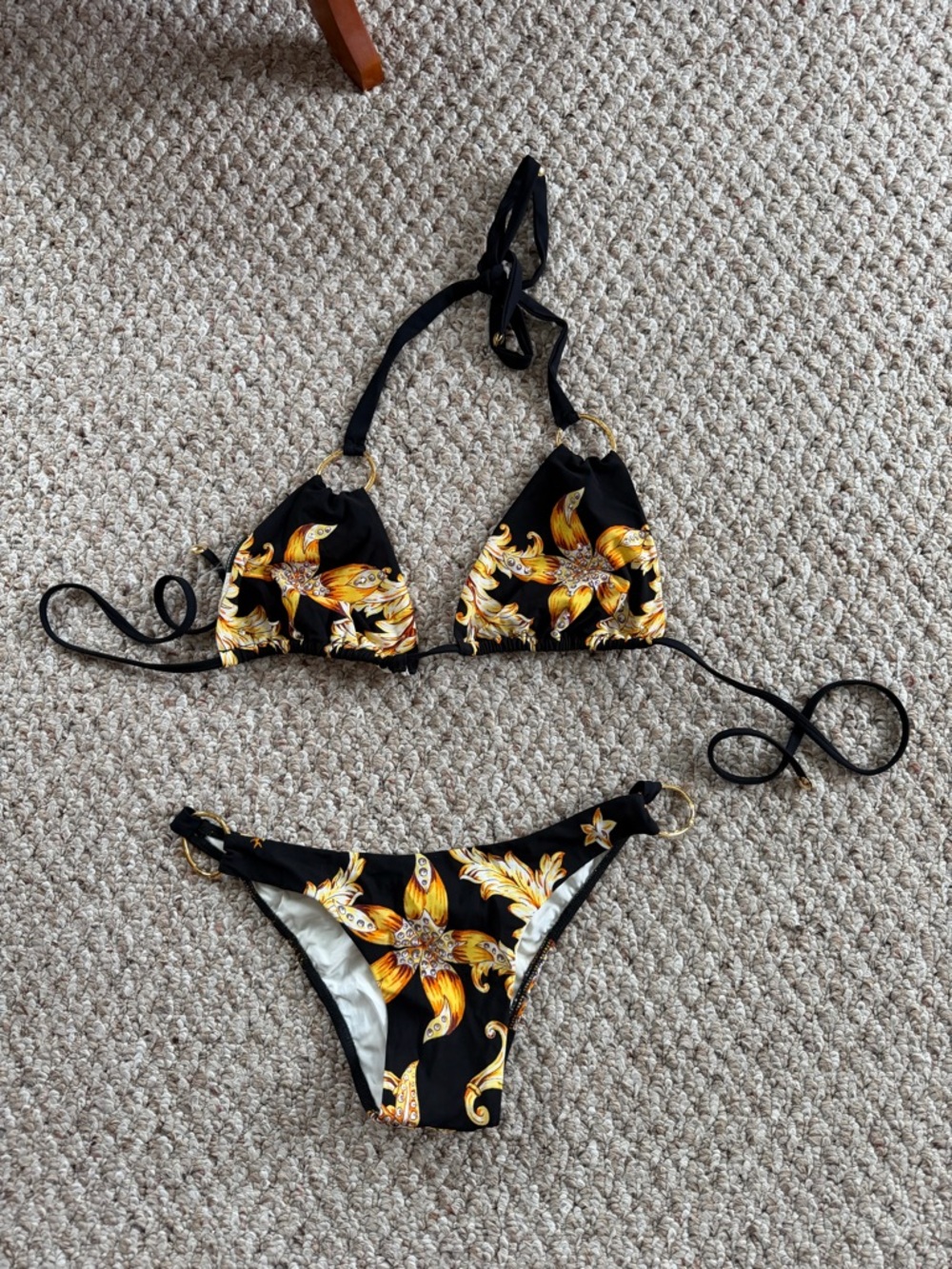 Sauvage Black Floral-Print Triangle Bikini Set with Gold Accents